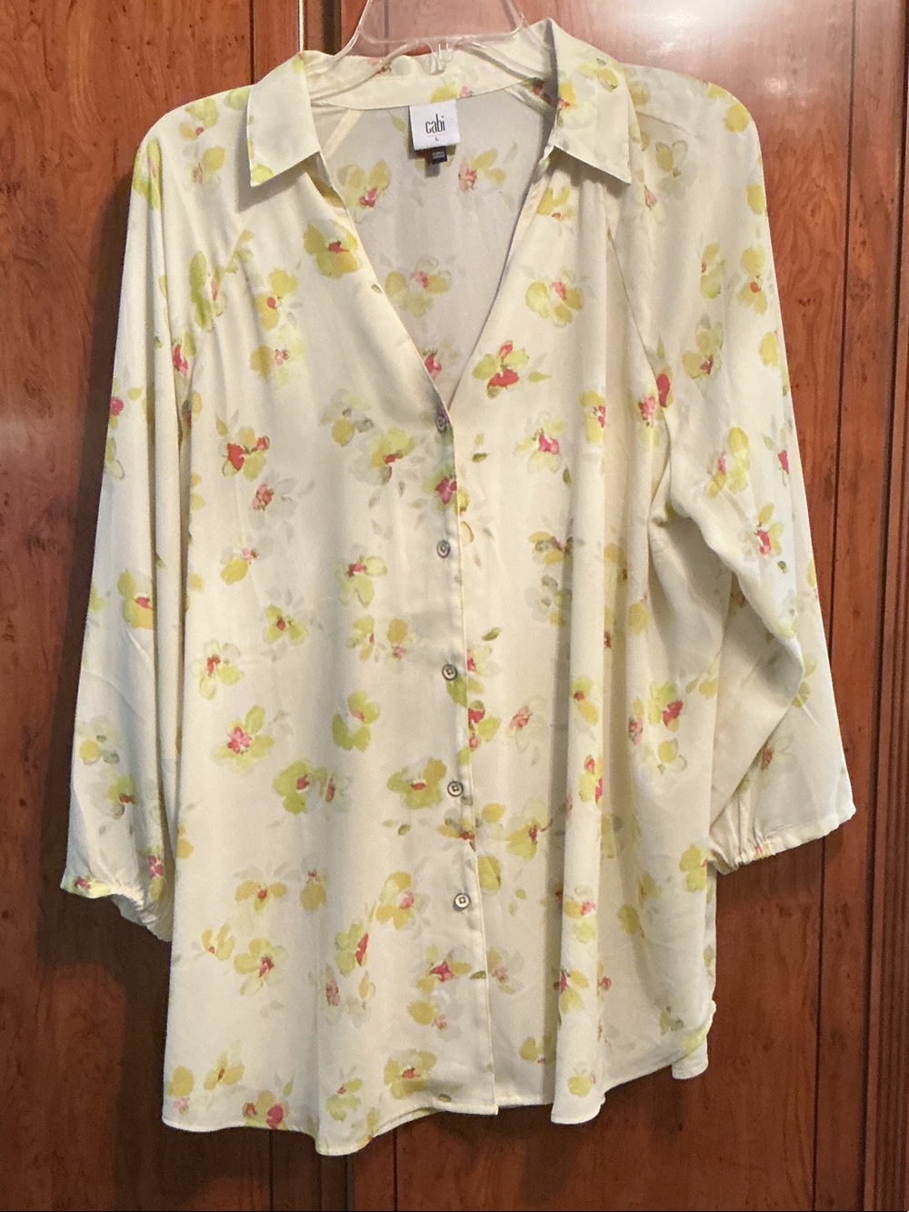 CAbi Pale Yellow Floral Button-Up Blouse with Yellow and Pink Accents